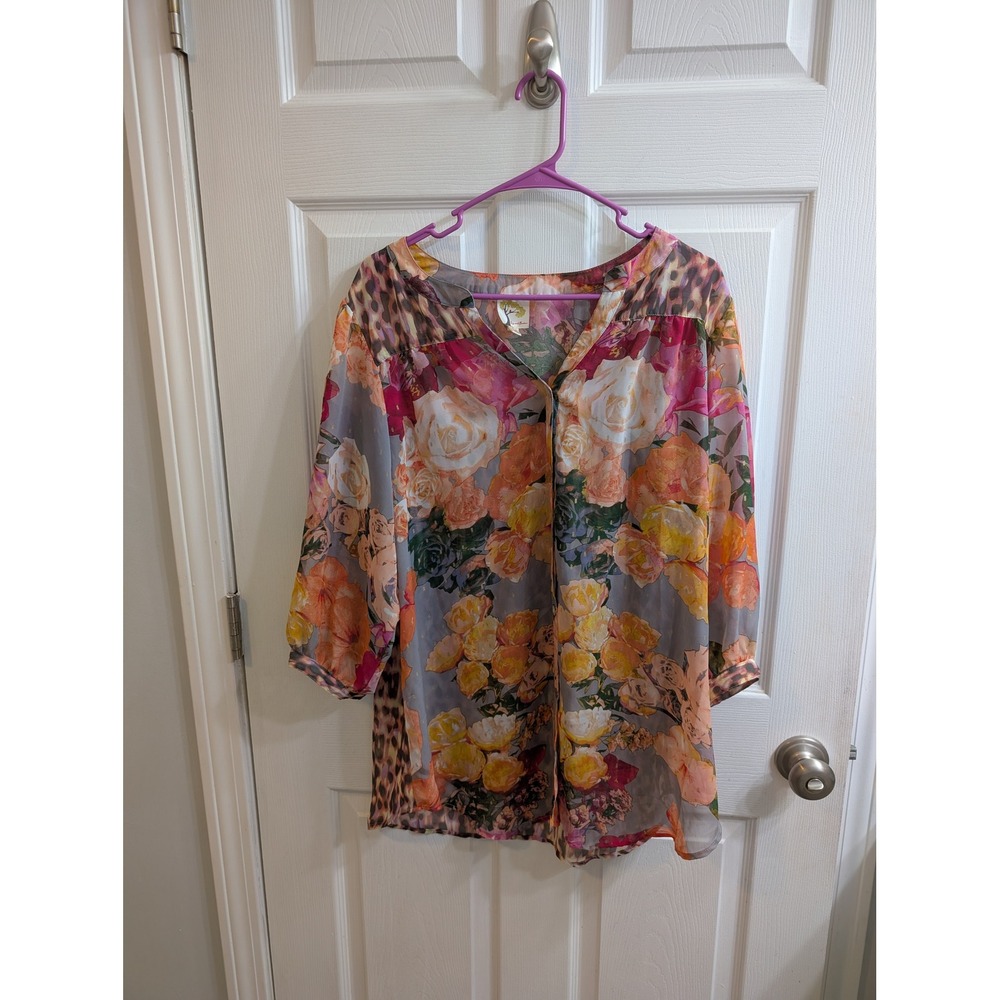 Fig & Flower Floral Leopard Print V Neck Sheer Blouse Top Women - Size‎ 1X